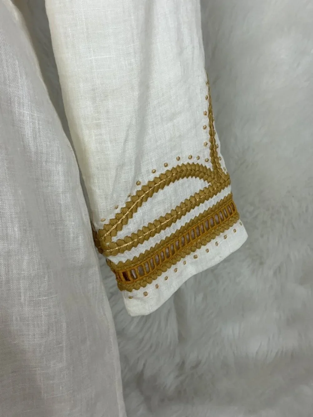 Tory Burch Ivory Yellow Gold Embroidered Linen Caftan Mini Dress Tunic 6